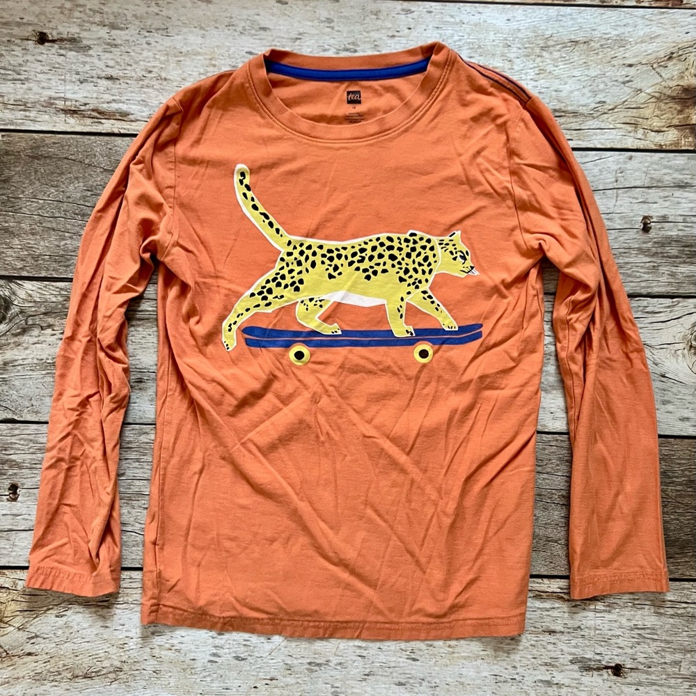 Tea Collection Orange Long Sleeve Tee with Leopard Graphic